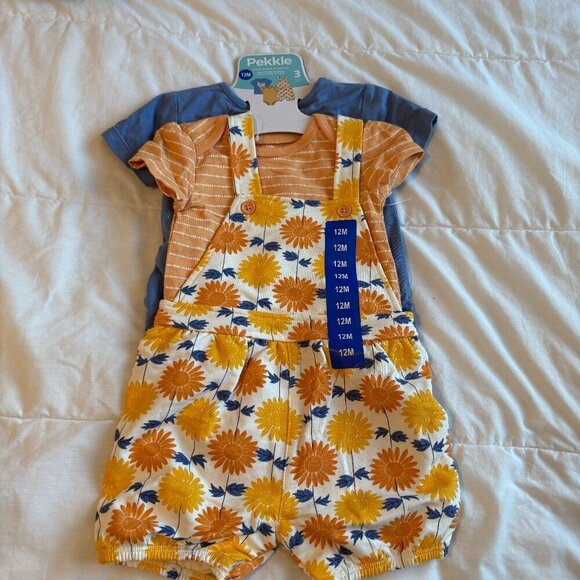 Pekkle 3 piece outfit Blue Orange 12 months NEW Summer Overalls Shorts T-shirts - Picture 1 of 6